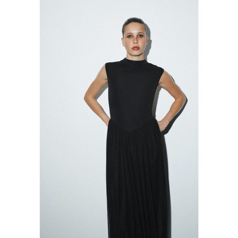 Zara Womens Long Contrast Tulle Dress S Black High Neck Sleeveless 5584/807 NWT - Picture 3 of 14